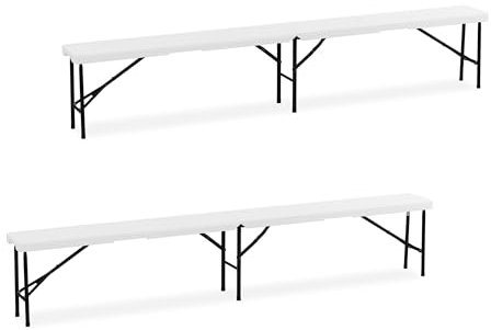 Relaxdays Bancos Plegables, Juego 2 Banquetas Jardín, Acero y Plástico, Camping, Balcón o Terraza, 43x240x30 cm, Blanco