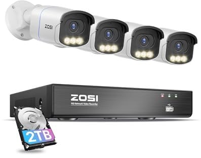 ZOSI 4K PoE Überwachungskamera Set Aussen, 8CH 2TB HDD NVR und 4X 8MP AuroraLux Kamera mit Echtfarben-Nachtsicht, F1,0-Blende, KI Personenerkennung,C186A