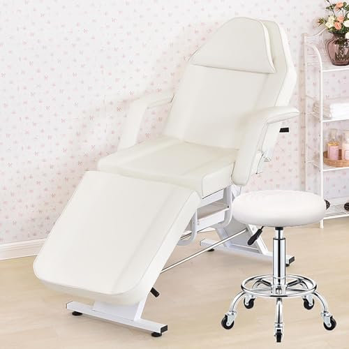 SAYEYBU Kosmetikliege Mit Hocker, Verstellbare Massageliege, Kosmetikstuhl, Massageliege Stuhl, Tattoo-Gesicht Therapieliege, Als Wimpernliege Verwendbar,Weiß