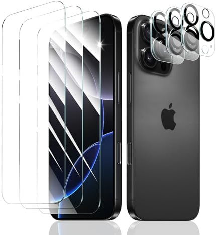 Lot de 3 Verre Trempé pour iPhone 16 Pro Max, Protection Écran HD Haute Transparence + 3 Protections Caméra, Dureté 9H, Anti-Rayures, Anti-Casse, Sans Bulles, Compatible Coque, Sensibilité Tactile