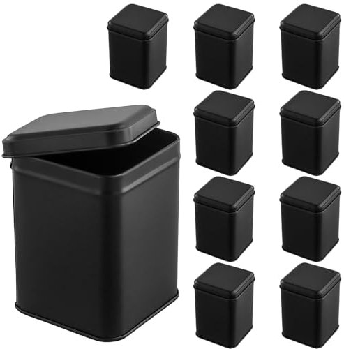 KEILEOHO Lot de 10 boîtes à thé rectangulaires 7 x 7 x 10 cm - En métal noir - Avec couvercle - Pour environ 50 à 100 g de thé en vrac