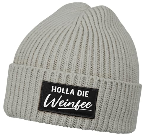 MoonWorks® Herren Beanie mit Patch Strickmütze mit Spruch Holla die Weinfee Aufdruck Lustig Mütze Männer