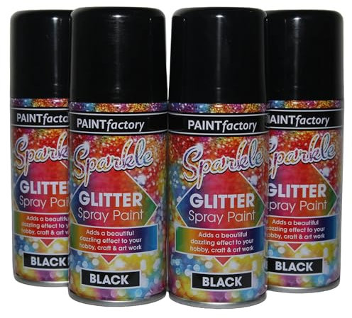 4X BH Black Glitter Spray Paint, Interior & Exterior, For Wood, Metal, Plastic, Ceramics & Ornaments, DIY, Art and Craft, Multi purpose Pack of 4