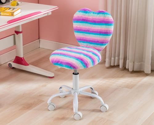 Ya-Home Kinder schreibtischstuhl aus Kunstfell Jugenddrehstuhl höhenverstellbar kinderdrehstuhl ohne armlehne Studienstuhl Computerstuhl mit Herzförmiger Rückenlehne für Kinderzimmer(Regenbogen)