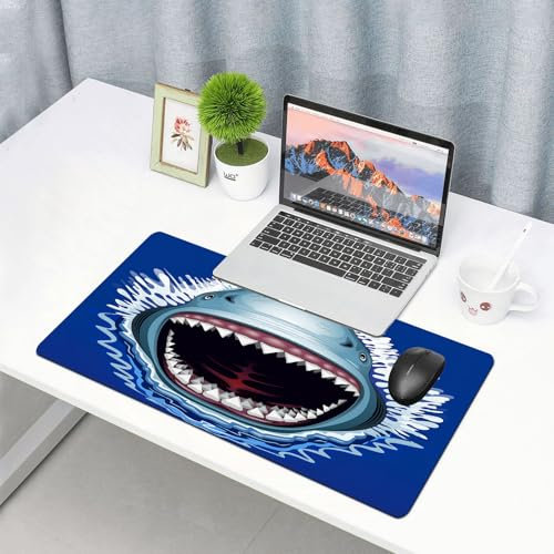 QRFASFZO Gaming Mouse Pad 90x40 cm,Requin attaquant Bouche Ouverte Dents acérées Danger Marin Faune Vie océanique Dessin Anim,avec Bords surpiqués et Dos antidérapant,sous-Main pour Clavier et Souris