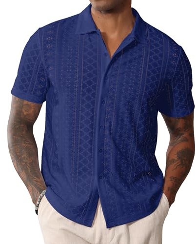 Mens Short Sleeve Shirt Button Down Cuban Collared Casual Summer Beach Shirts Navy