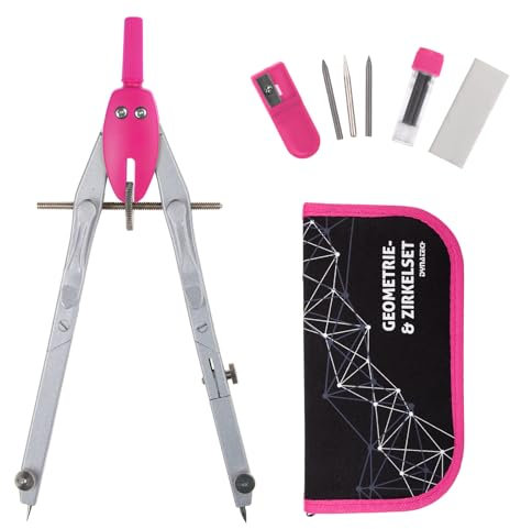 DynaTech Zirkel Geometrie-Set Pink 13-teilig inkl. Schnellverstellzirkel mit Federmäppchen, 2 Ersatzminen, Etui und Zubehör für Schule Uni und Büro