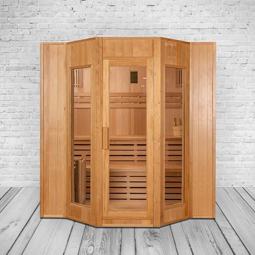 Finnische Sauna Alaska III – 5 Personen, 8000 W Saunaofen, Premium Hemlock-Holz, Panorama-Glastür, LED-Beleuchtung, ergonomische Bänke, energiesparend, einfache Montage, komplettes Zubehör