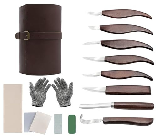 Schnitzwerkzeug Set Für Kinder Und Erwachsene Mit Lederetui,Dauerhafter Kohlenstoffstahl,Walnuss-Holzgriffen,Inkl. Polierpaste,Schnittschutz-Handschuhen Und Poliertes Leder