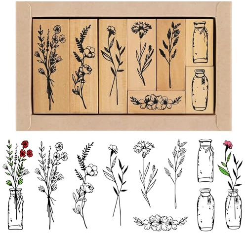 8 Stück Stempel Personalisiert, Vintage Holzstempel Blumen Stempel, Pflanzen Blumen Gräser Holzstempel mit Naturpflanzen Mustern, für Basteln Geschenkanhänger, DIY Fotoalben, Crafts (8)