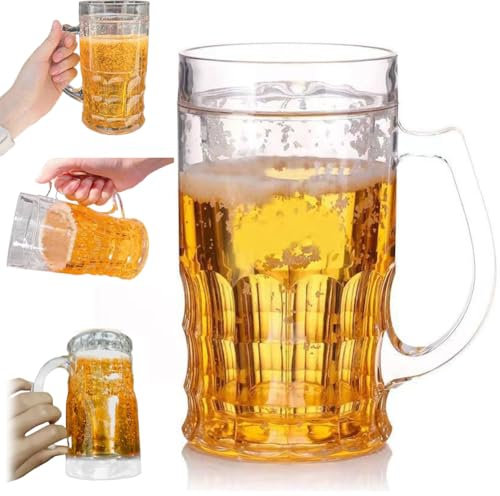 Fake Beer Glasses,400ml Double Layer Funny Beer Glasses,Fake Double Fake Beers Mug With Mezzanine,Plastic Fake Double Beer Mugs With Handles,Realistic Prank Cup For Bars Beverages