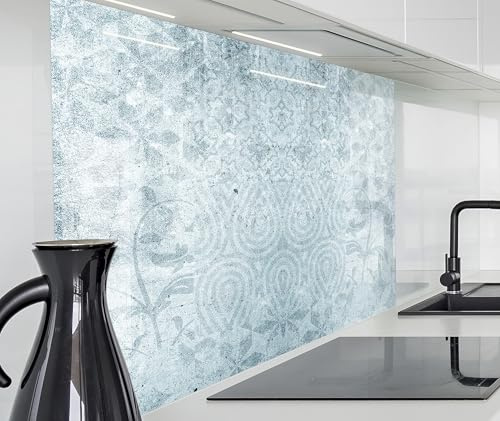 Küchenrückwand Glasoptik | 60 x 60 cm Alte blaue vintage shabby Wand patchwork Beton | Acryl Glas 2mm | Spritzschutz Wand für Herd, Küche Glasrückwand Acrylglas Wandpaneele Rückwandschutz Platte