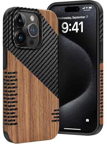 Dolstrap Robust Handyhülle Kompatibel mit iPhone 15 Pro Max Hülle, (Naturholz & Kohlefaser-Hybrid) Dünnes iPhone Hülle, Schwarz+Braun