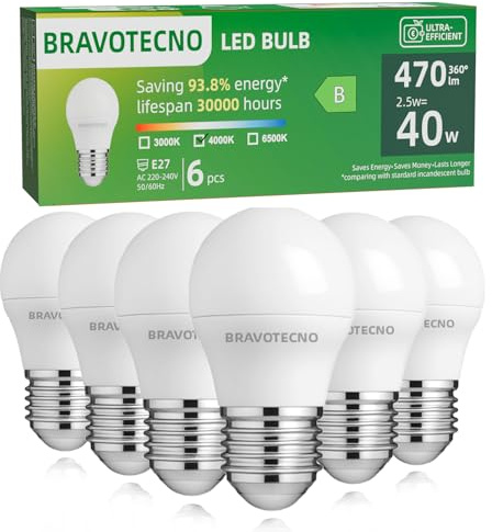 bravotecno Bombilla LED E27, Clase de Energía B, LED E27 Blanco Neutro 4000K, 2,5W 470LM G45, Equivalente a 40W, Ángulo de Haz de 360°, No Regulable, Poco calor y larga vida útil, 6 piezas