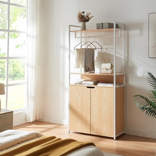 [en.casa] Organizzatore Guardaroba Stand Porta Abiti con Barra Appendiabiti Ripiani Armadietto con Ante Mobile Porta Vestiti per Cabina Armadio 180x80x40 cm Bianco/Effetto Rovere