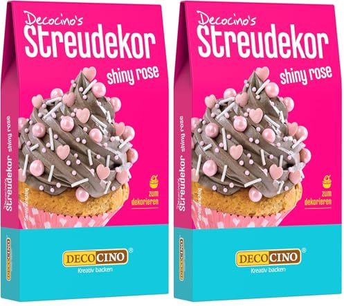 DECOCINO Streudekor Shiny Rose 40g - tolle Farben, rosa, weiß und Herzen, für Streuselfans, ideal für Geburtstage, Feiern und Partys, perfekt für Jungs und Mädchen sowie Kuchen, Torten und Cupcakes