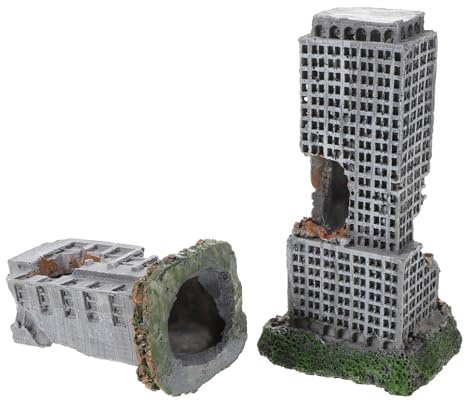 ANDRESLAD 2 Stück Resin Aquarium Castle Dekoration Realistische Ruinen Stadt Gebäude Versteck Höhle Leichtes Aquarium Deko Ornament für Fischversteck Hintergrundgestaltung