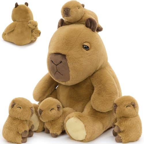 MorisMos 5 Stücke Capybara Kuscheltier XXL Set, 35cm Riesen Capybara Kuscheltier mit 4 Babys im Bauch, Groß Plüschtier Stofftier, als Geburtstag Geschenk für Kinder Baby
