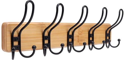 Kldgris Porte Manteau Mural Patere Murale Bois 5 Crochets Triples pour Suspendre Manteaux écharpes, Sacs à Main et Autres (Bambou)