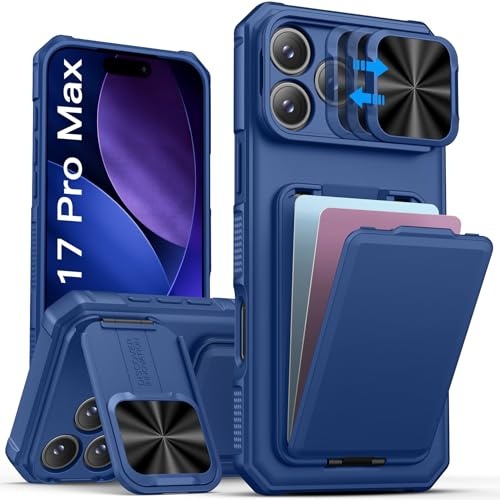 Vihibii für iPhone 17 Pro Max Hülle mit Kartenhalter (2-4 Karten), Blau | Ständer, Kameraabdeckung Schieber, Militärschutz Stoßfeste Rutschfest Robust Silikon Wallet Case für iPhone 17 Pro Max 2025