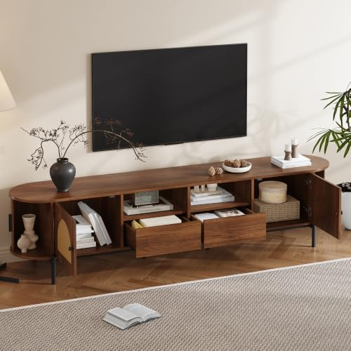 REXO Mobile TV ovale in rattan, ante scorrevoli, cassetti, effetto legno, gambe in metallo, mobile multifunzione per soggiorno con vano portaoggetti, colore: noce