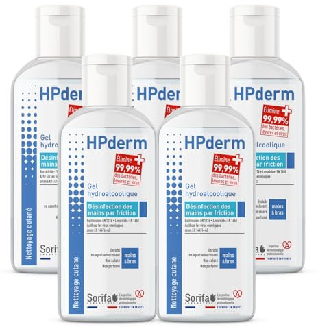 Lot de 5 HPderm Gel hydroalcoolique pour la désinfection des mains - Flacon 100 ml