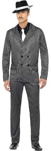 Smiffys Gangster Costume, Black Pinstripe Jacket and Trousers, Shirt Front and Tie, 1920's Razzle Fancy Dress, 1920s Dress Up Costumes