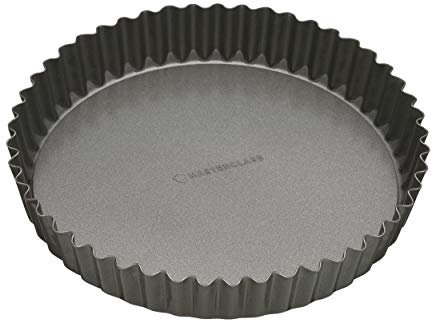 MasterClass Molde antiadherente para tartas y quiches, sin PTFE, PFOA ni BPA, de acero al carbono estriado de 1 mm de grosor, redondo de 25 cm (10), gris