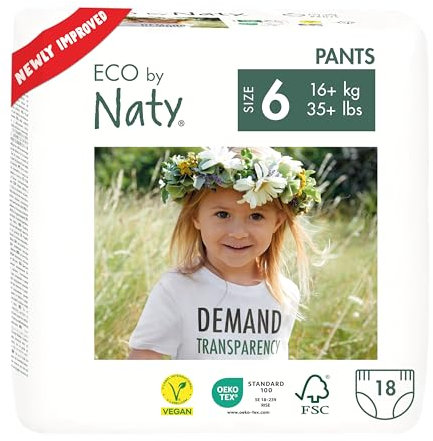 Eco by Naty Baby Windeln Pants - umweltfreundliche Premium-Bio Höschenwindeln aus pflanzenbasierten Materialien, sehr saugfähig und frei von gefährlichen Chemikalien (Größe 6 ) | 18 Stück (1er Pack)