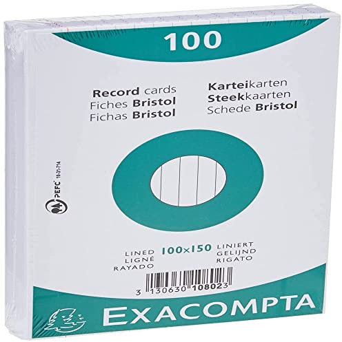Exacompta - Réf. 10802X - Paquet de 100 fiches bristol lignées non perforées - sous film - compatibles avec imprimante jet d'encre, laser et photocopieur - format 100 x 150 mm - couleur blanc