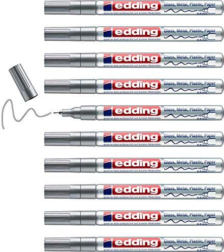 edding 780 gloss paint marker - silver - 10 paint markers - extra-fine round tip 0.8 mm - paint pen for glass, pebbles, wood, plastic, paper - waterproof, high coverage