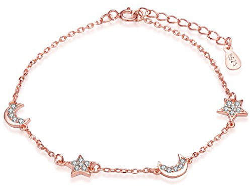 Unendlich U Glänzende Sterne Monde Damen Charm-Armband 925 Sterling Silber Zirkonia Armkette Verstellbar Armkettchen Armreif, Rosegold