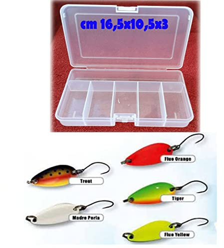 scatola in plastica astuccio con cucchiaini ondulanti pesca trota mini spoon ondulanti grammi 3