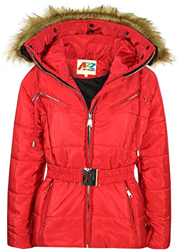 A2Z 4 Kids Girls Jackets Puffer Hooded Stylish Detachable Faux Fur Padded Zipped Belted Slim Fit Warm Winter Windproof Cold Weather Indoor Outdoor Activities Coat Age 5-13 Years