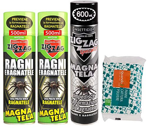 Zig Zag, set Magnatela, Insetticida per Ragni e Ragnatele ad alta residualità, previene formazione di ragnatele fino a 40 giorni, 2 x 500 ml, 1 x 600ml più 20 pezzi panni cattura polvere.