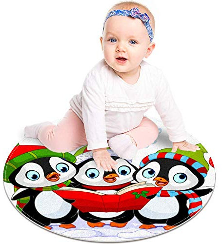 EZIOLY Teppich, Motiv Weihnachts-Karoler, Pinguine, rund, für Kinderzimmer, Kinderzimmer, Kinderzimmer, klein, 60 x 60 cm