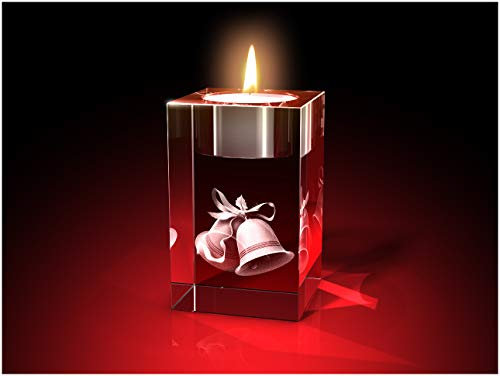 GLASFOTO.COM, Weihnachten Teelichthalter, 50 x 80 x 50 mm, Kristallglas 3D Innengravur in Premiumqualität (50 x 80 x 50 mm Glöckchen Teelicht)