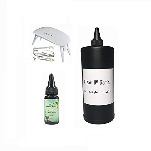 1kg + 30ml UV-Epoxidharz kristallklar transparent + tragbare UV-Lampe, UV-härtbare klare Harz Kleber DIY Schmuck machen Handwerk Kit für Anhänger Ohrringe Halsketten Armbänder Nail Art Zubehör