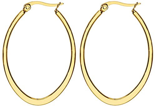 MYA art Damen Creolen Ovale Ringe hängend mit Stecker Edelstahl Gold Gelbgold Vergoldet Große Ohrringe Oval Groß Flach 4cm MYAGOOHR-42