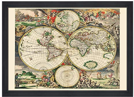 Poster und Kunstdruck mit klassischem Rahmen – Antike Weltkarte (459) – 70 x 100 cm – Country Schwarz