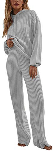 Minetom 2 Stück Strickanzug Damen Langarm Gestrickt Oberteile Kapuzen Strickpullover mit Hosen Zweiteilige Pulli Anzug Jogginganzug Freizeitanzug Set Streetanzug A Grau 36