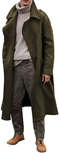 RINTONIX Men's Oversized Notched Long Faux Wool Blend Trench Coat Single Breasted Knee Length Lapel Winter Jacket, Army Green, L