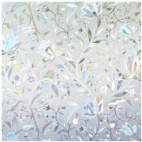 DOWELL 3D Statisch Selbsthaftend Fensterfolie mit Blumen Muster, Blickdicht Sichtschutzfolie Folie für Fenster, Glasfolie für Glastüren, Dekorfolie UV Sonnenschutz Sichtschutz, 90 x 200 cm