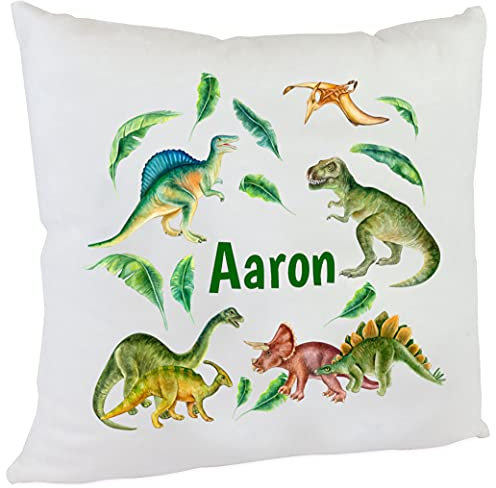 Flauschiges Kissen für Kinder T-Rex mit Wunschname Kuschelkissen Dino Junge Mädchen 40 x 40 cm mit Inlett (Name)