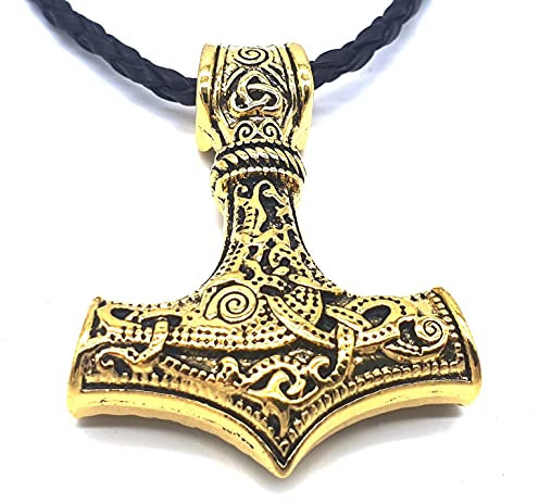 AB Viking Crafts Vikings Viking Pendant Mjölnir Thor's Hammer Metal Gold-Coloured with Leather Collar in Jewellery Bag, Metal