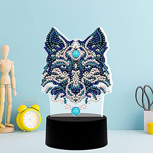 Diamond Painting LED 7 Farbe Lampe Licht 5D Full Drill Crystal Drawing Kit Nachtlichter mit USB-Kabel Neon Light DIY 5D Diamant Painting Dekoration Nachtlicht für Heimtextilien Geschenke-Blauer Wolf