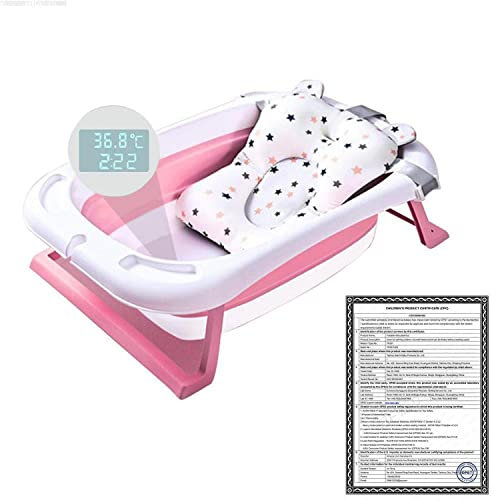 HWGING Faltbare Baby Badewanne, Faltbare Ergonomische Babybadewanne mit Thermometer und Sitzkissen, 0-5 Jahre alte Junge Kinder, Rosa