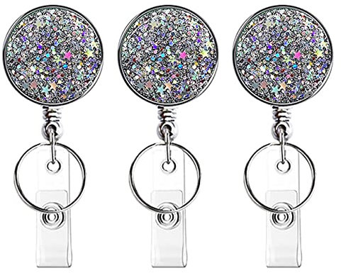JOOTUEPO Lot de 3 porte-badges rétractables avec anneau de fixation et clip de ceinture pour infirmière, volontaire, enseignant, étudiant, employés de bureau, Argenté., (3P Glitter Silver)