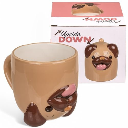MIJOMA Upside-Down-Mug Kopfüber-Tasse – Lustiger Kaffeebecher aus Keramik – Umgedrehter Henkelbecher für Kaffee & Tee – 500 ml (Mops)