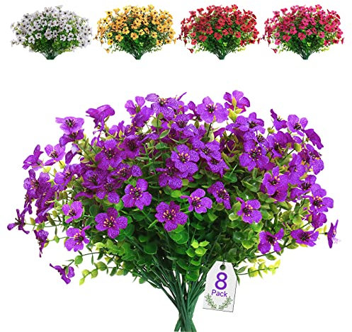 SOMYTING 8 Piezas Flores Artificiales Flor Falsa Decorativas Exterior Resistentes a los Rayos UV no se Decoloran Plantas Artificiales Verdes Jardines Porches Ventanas Arbustos Decorativo (Morado)